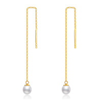 wholesale Gold 14K Freshwater Pearl Threader Drop Earrings for Women's Fashion s- Gold Plated