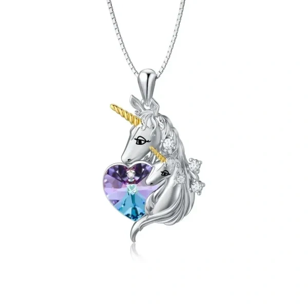 Sterling Silver Unicorn Pendant Necklace With Purple Heart Crystal-0