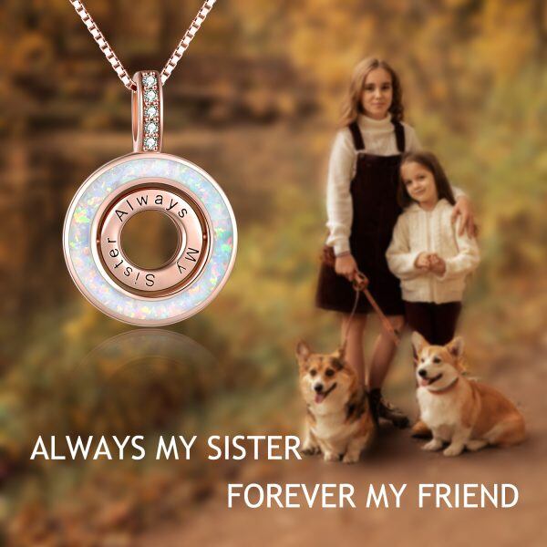 Sterling Silver "Always My Sister" Rotating Opal Pendant Necklace-5