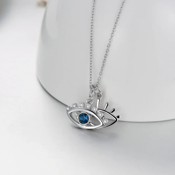 Sterling Silver Double Layer Evil Eye Pendant Necklace With Crystal-4