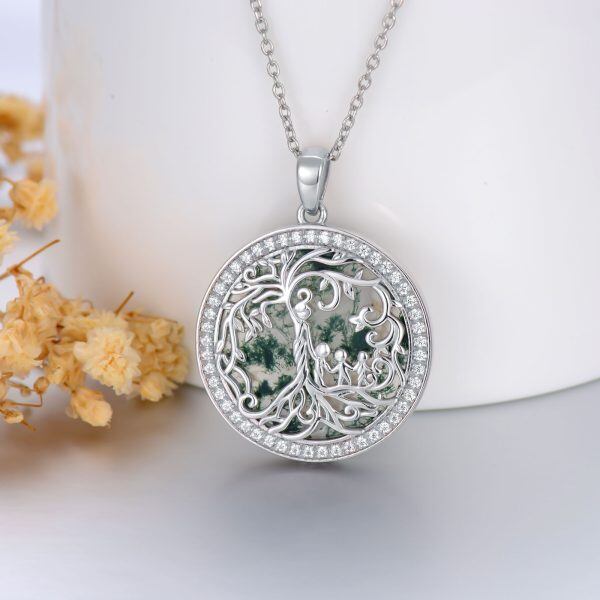 Sterling Silver Tree of Life Aquatic Agate Pendant Necklaces-3