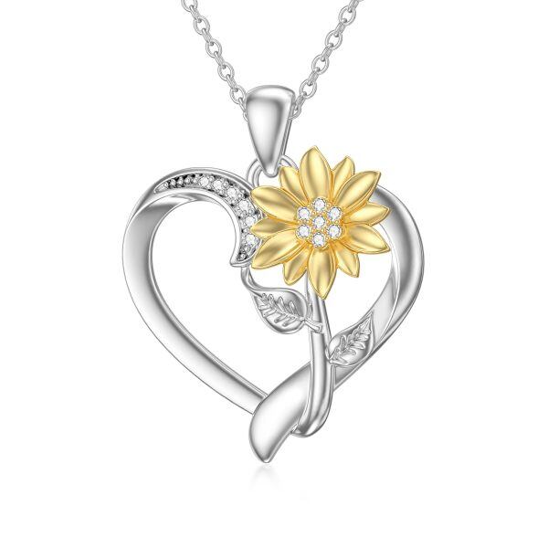 Sterling Silver Diamond Sunflower Heart Pendant Necklaces-0