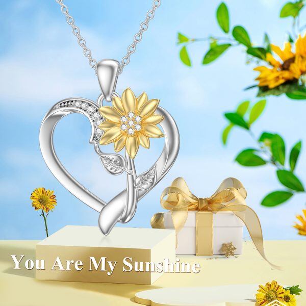 Sterling Silver Diamond Sunflower Heart Pendant Necklaces-2