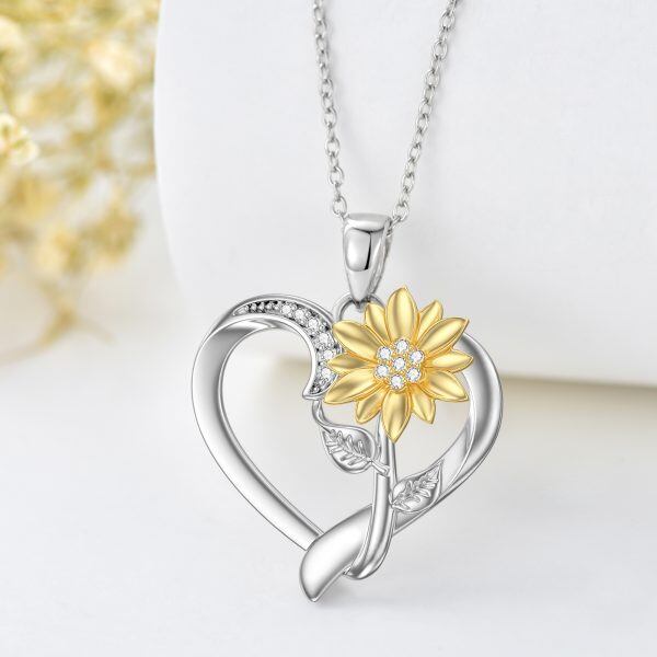 Sterling Silver Diamond Sunflower Heart Pendant Necklaces-4