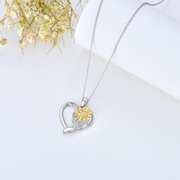 Sterling Silver Diamond Sunflower Heart Pendant Necklaces-5