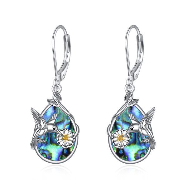 Sterling Silver Hummingbird Abalone Shell Dangle Drop Earrings-0