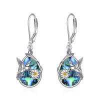 wholesale 925 Sterling Silver Natural Moonstone & Larimar Abalone Shell Hummingbird Drop Earrings- Two Tone