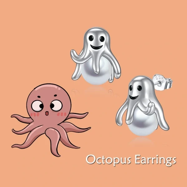 Sterling Silver Octopus Pearl Stud Earrings-2