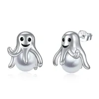wholesale 925 Sterling Silver Ghost Stud Earrings with Pearls - Halloween Gifts for Women and Girls- Rhodium Plated