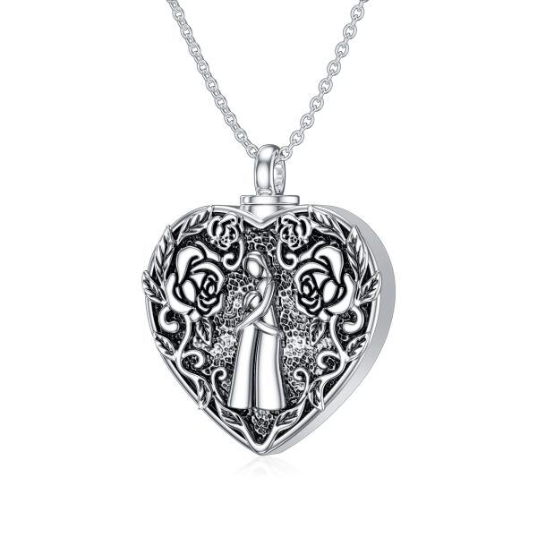 Sterling Silver Two Side Mom Daughter Heart Urn Necklace-2