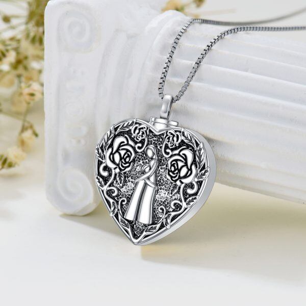 Sterling Silver Two Side Mom Daughter Heart Urn Necklace-7