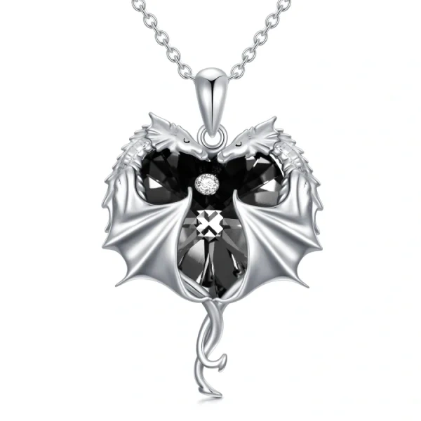 Sterling Silver Dragon Heart Pendant Necklace With Black Crystal-0