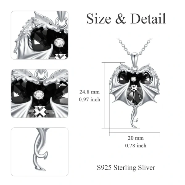 Sterling Silver Dragon Heart Pendant Necklace With Black Crystal-1