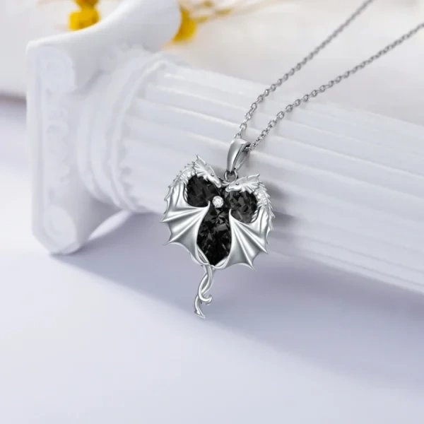 Sterling Silver Dragon Heart Pendant Necklace With Black Crystal-4