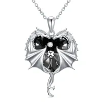 wholesale 925 Sterling Silver Black Austrian Crystal Heart-Shaped Double Dragon Pendant Necklace for Women and Girls- Rhodium Plated