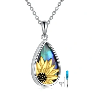 Sterling Silver Sunflower Teardrop Urn Necklace With Abalone Shell-0