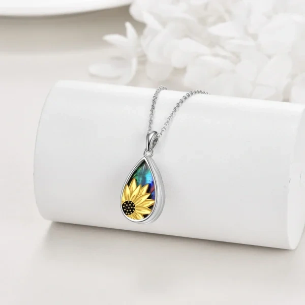 Sterling Silver Sunflower Teardrop Urn Necklace With Abalone Shell-3