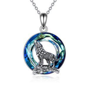 Sterling Silver Oxidized Wolf Pendant Necklace With Crystal-0