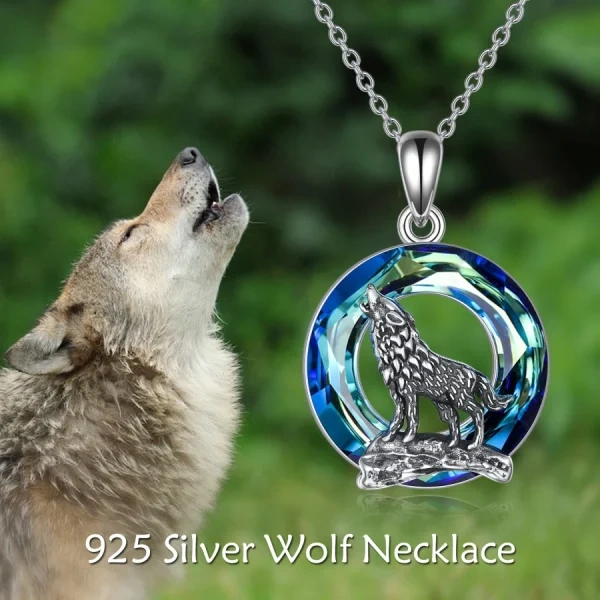 Sterling Silver Oxidized Wolf Pendant Necklace With Crystal-2