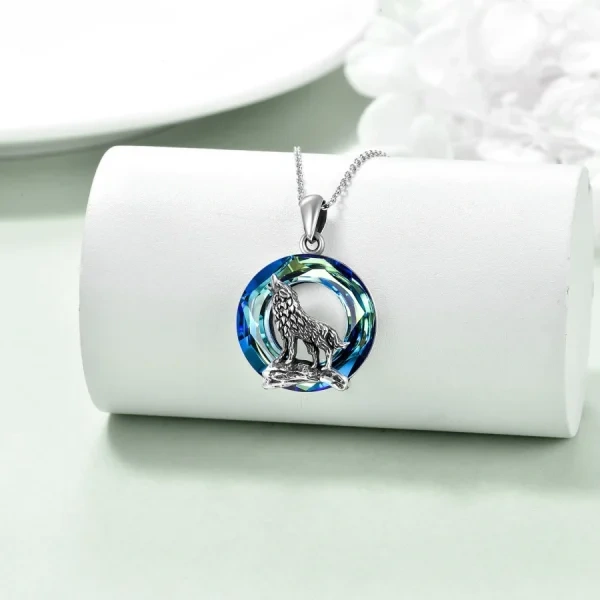 Sterling Silver Oxidized Wolf Pendant Necklace With Crystal-4