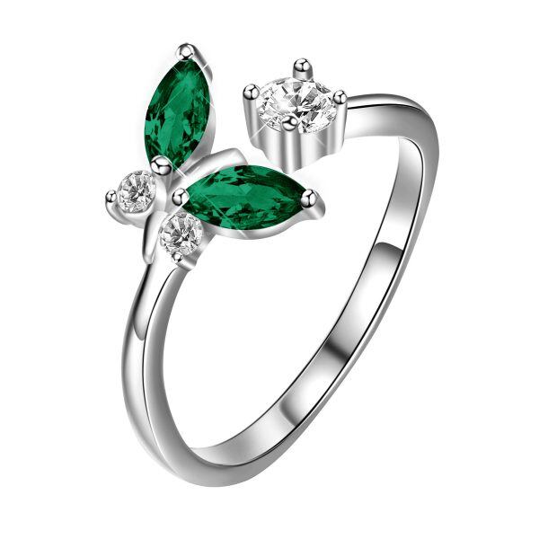 Sterling Silver Butterfly Adjustable Ring With Green Crystals-0