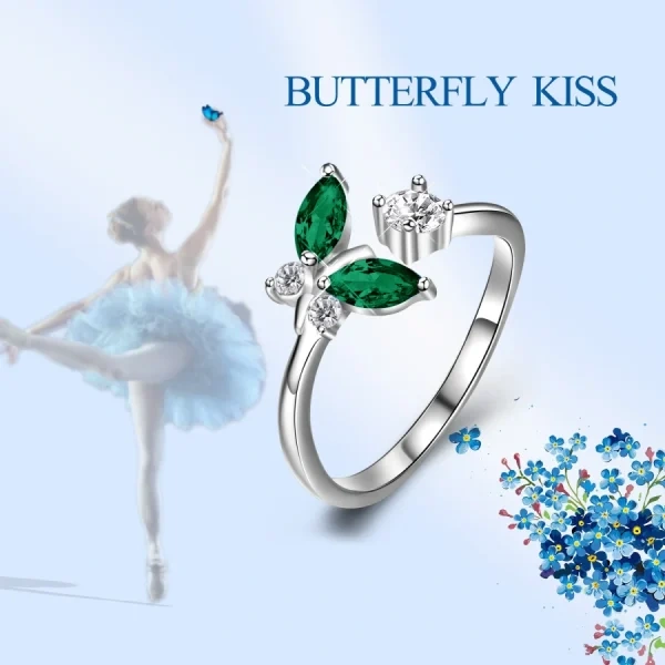 Sterling Silver Butterfly Adjustable Ring With Green Crystals-1