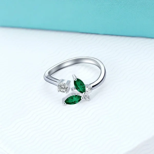 Sterling Silver Butterfly Adjustable Ring With Green Crystals-3