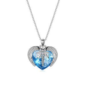 Sterling Silver Registered Nurse RN Caduceus Pendant Necklace With Heart Blue Crystal-0