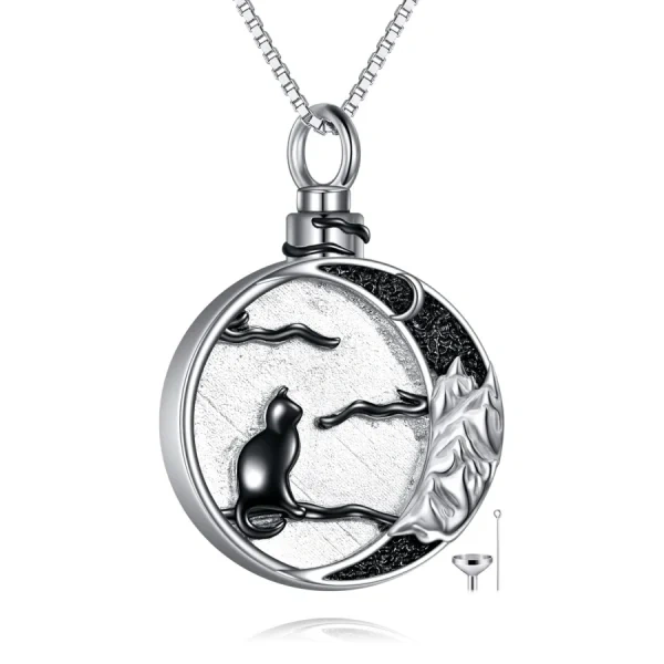 Sterling Silver Black Rhodium Plated Cat Urn Necklace-0