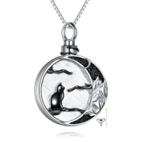 wholesale 925 Sterling Silver Round Black Cat Moon Wolf Design Keepsake Pendant Necklace for Pet Ashes Memory Jewelry- Two Tone