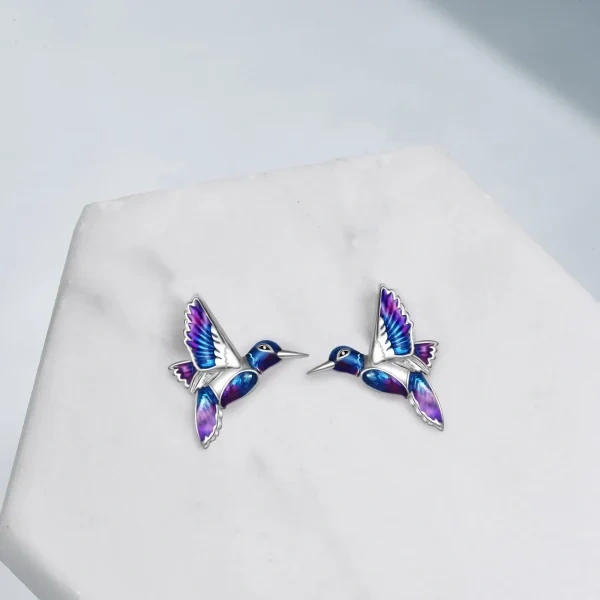 Sterling Silver Enamel Hummingbird Bird Stud Earrings-1