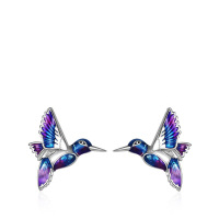 wholesale 925 Sterling Silver Purple & Blue Enamel Hummingbird Stud Earrings for Women and Girls- Rhodium Plated