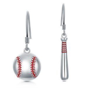 Sterling Silver 3D Baseball Dangle Drop Earrings-0