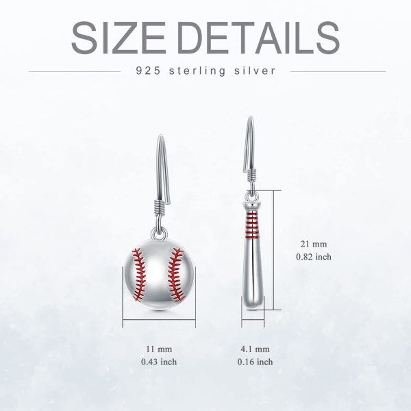 Sterling Silver 3D Baseball Dangle Drop Earrings-1