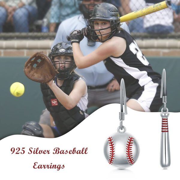 Sterling Silver 3D Baseball Dangle Drop Earrings-2