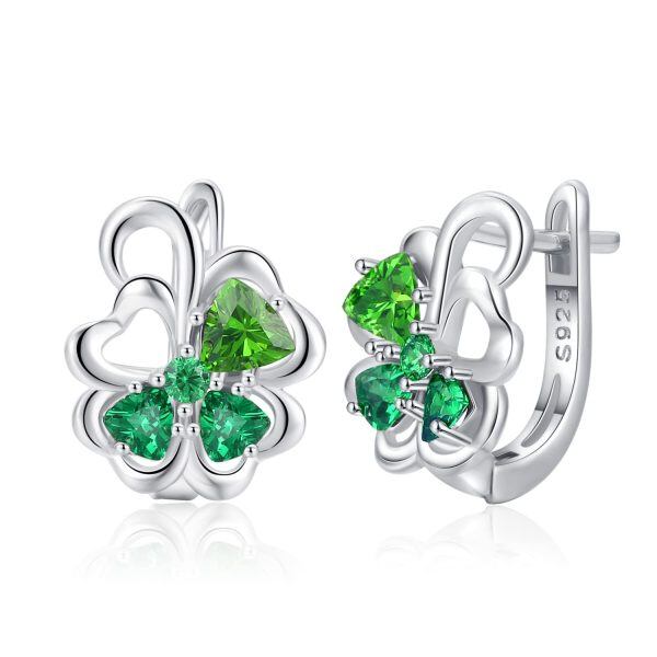 Sterling Silver Four Leaf Shamrock Hoop Earrings-0