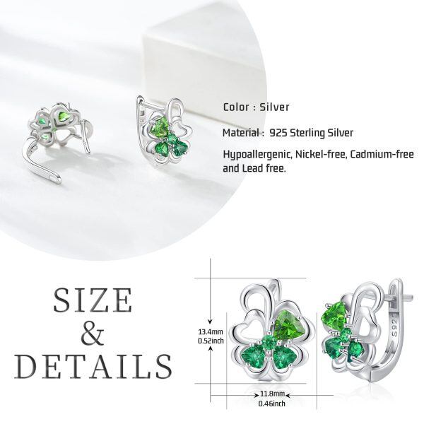 Sterling Silver Four Leaf Shamrock Hoop Earrings-1