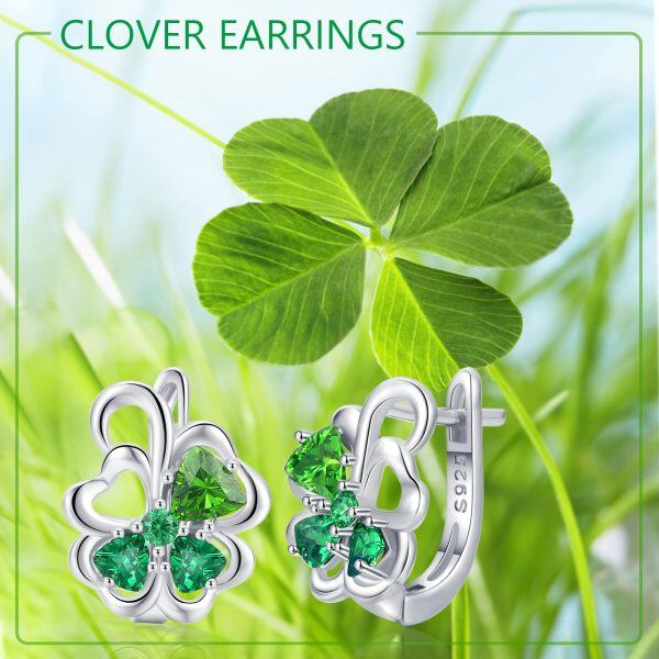 Sterling Silver Four Leaf Shamrock Hoop Earrings-2