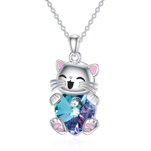 Sterling Silver Kitty Cat Pendant Necklace With Heart Crystal-0