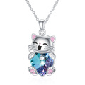 wholesale 925 Sterling Silver Blue Crystal Heart Kitty Pendant Necklace for Women Girls  48cm Chain Length-0-0