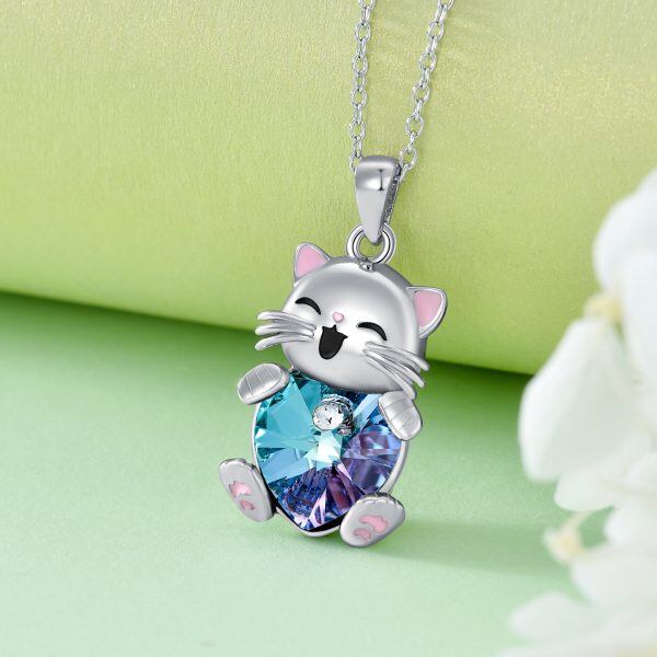 Sterling Silver Kitty Cat Pendant Necklace With Heart Crystal-2