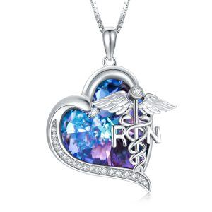 Sterling Silver RN Caduceus Pendant Necklace With Purple Crystal-0