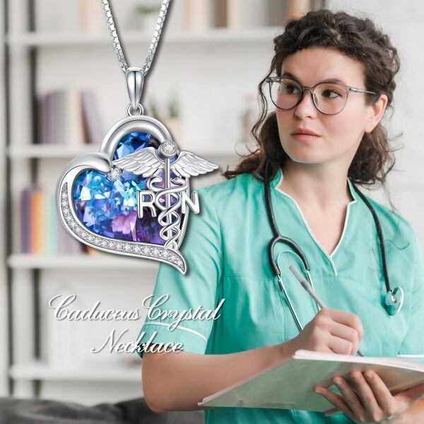 Sterling Silver RN Caduceus Pendant Necklace With Purple Crystal-2