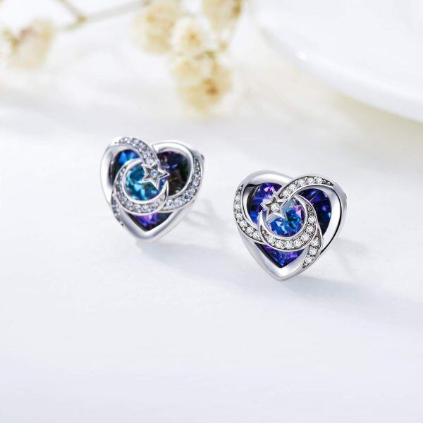 Sterling Silver Heart Shaped Crystal Moon Star Stud Earrings-3