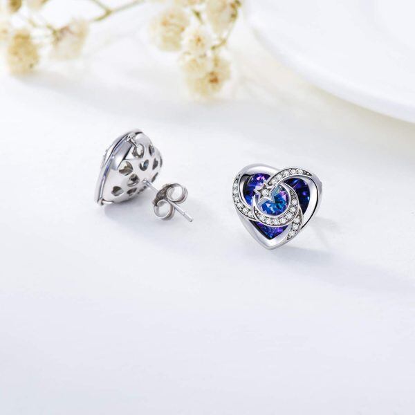 Sterling Silver Heart Shaped Crystal Moon Star Stud Earrings-11