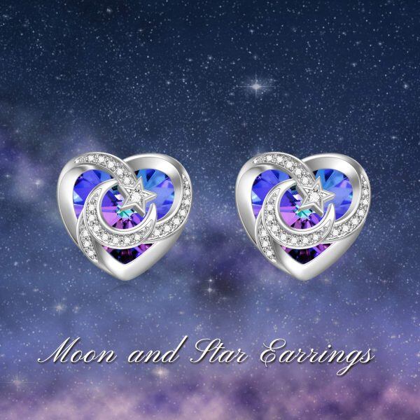 Sterling Silver Heart Shaped Crystal Moon Star Stud Earrings-14