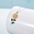 wholesale 925 Sterling Silver Cubic Zirconia Sunflower Pendant Necklace with Blue Stones for Women-0-1