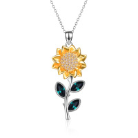 wholesale 925 Sterling Silver Cubic Zirconia Sunflower Pendant Necklace with Blue Stones for Women- Two Tone