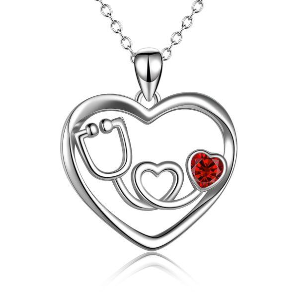 Sterling Silver Stethoscope Nurse Red Heart Pendant Necklace-0