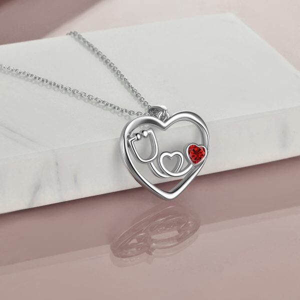 Sterling Silver Stethoscope Nurse Red Heart Pendant Necklace-1